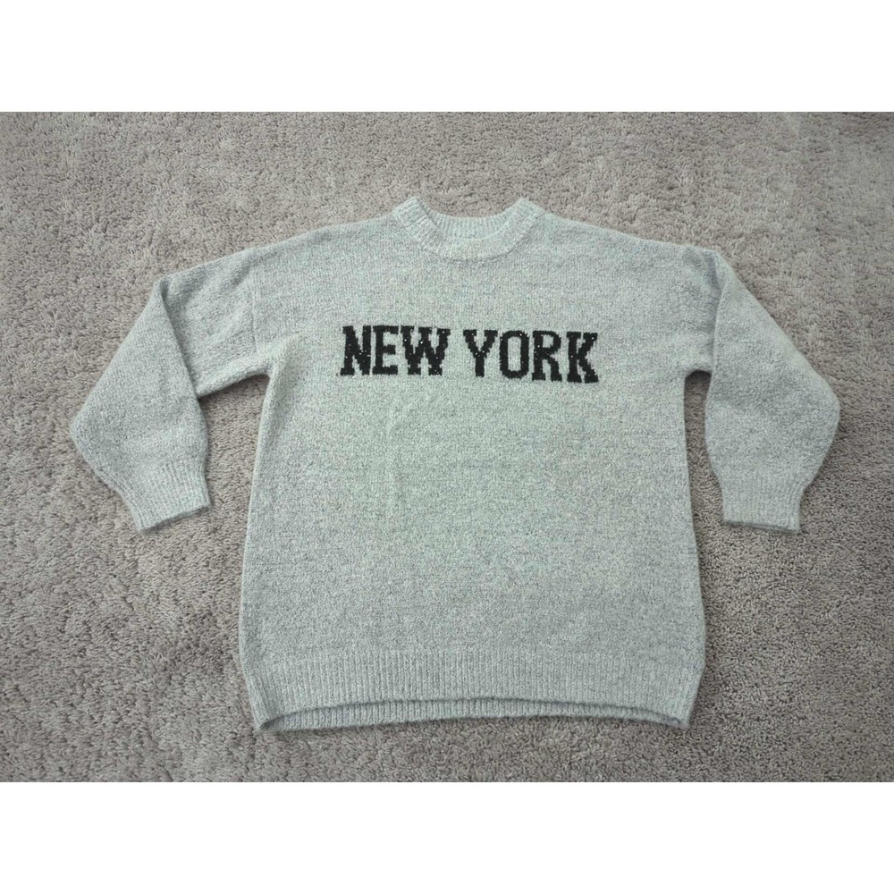 Madden NYC Pullover Sweater L Gray Long Sleeve New York Graphic‎ Oversized